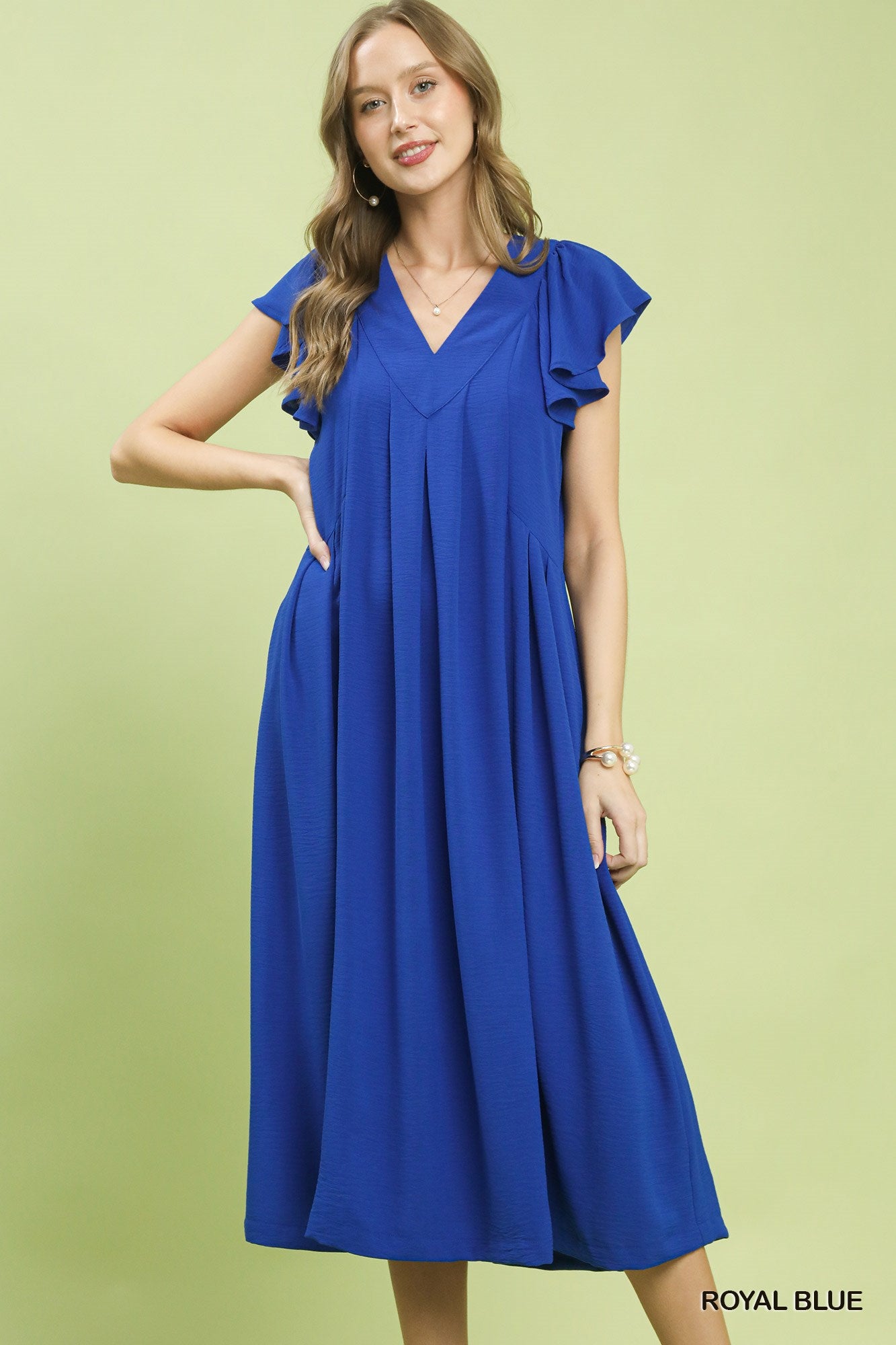 Umgee Midi Dress V-Neck Ruffle Short Sleeve Royal Blue Casual Summer