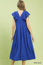 Umgee Midi Dress V-Neck Ruffle Short Sleeve Royal Blue Casual Summer