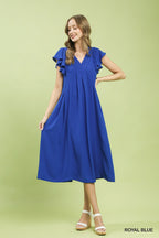 Umgee Midi Dress V-Neck Ruffle Short Sleeve Royal Blue Casual Summer