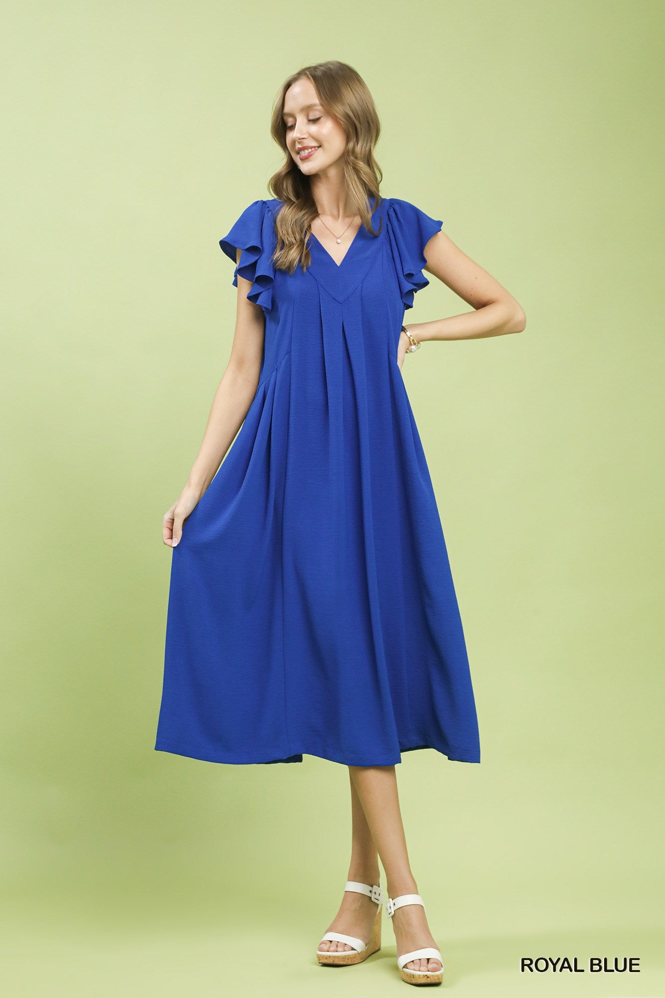 Umgee Midi Dress V-Neck Ruffle Short Sleeve Royal Blue Casual Summer