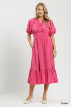 Umgee USA Midi Dress Ruffle Smocked V-Neck High Waist Short Sleeve Pocketed