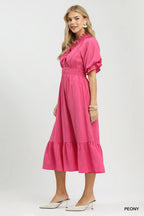 Umgee USA Midi Dress Ruffle Smocked V-Neck High Waist Short Sleeve Pocketed