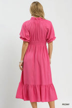 Umgee USA Midi Dress Ruffle Smocked V-Neck High Waist Short Sleeve Pocketed