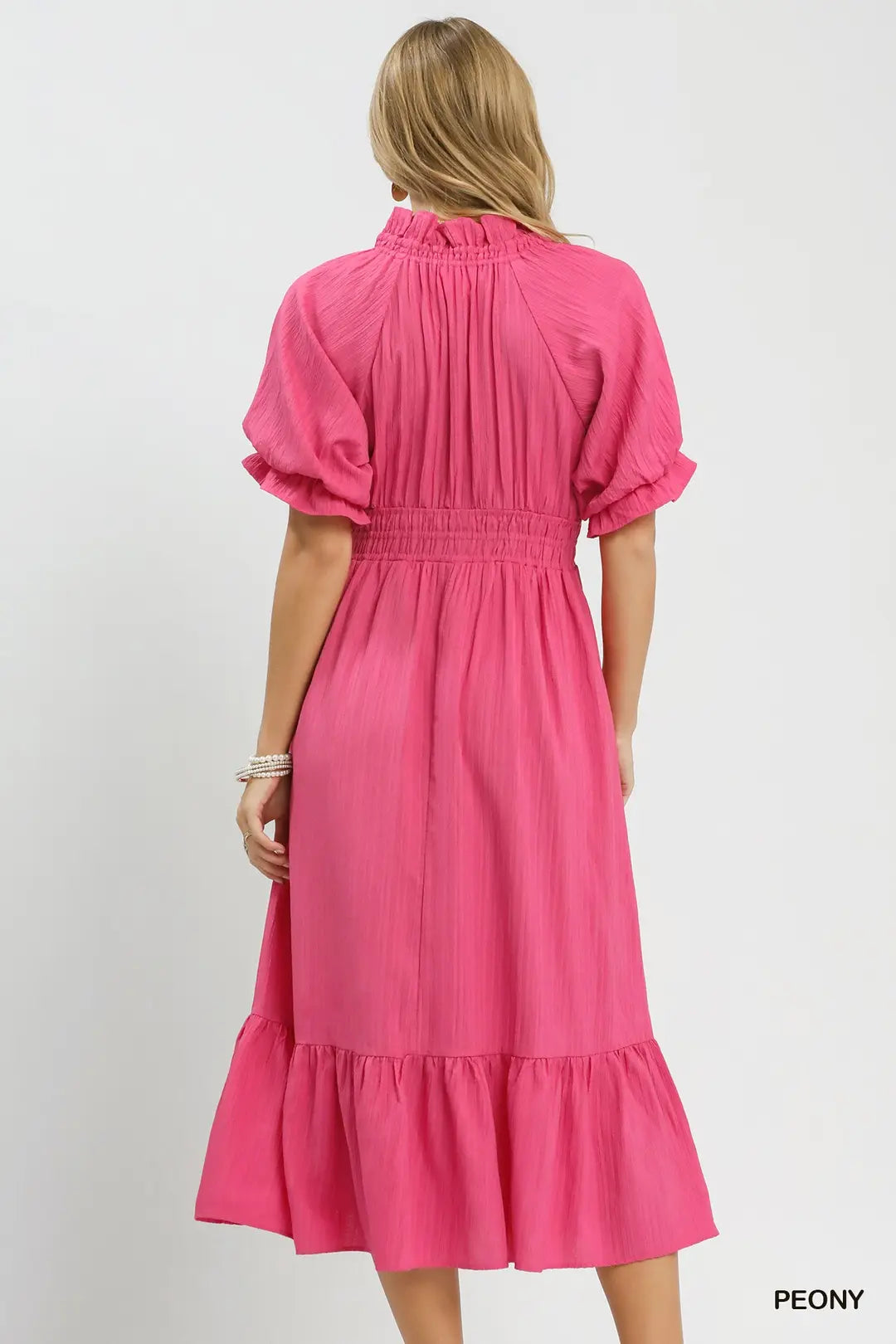 Umgee USA Midi Dress Ruffle Smocked V-Neck High Waist Short Sleeve Pocketed