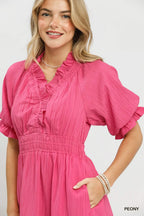Umgee USA Midi Dress Ruffle Smocked V-Neck High Waist Short Sleeve Pocketed