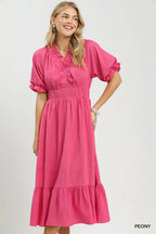 Umgee USA Midi Dress Ruffle Smocked V-Neck High Waist Short Sleeve Pocketed