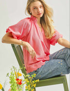 Umgee Textured Blouse Rose Scalloped Hem Short Puff Sleeve Casual Top
