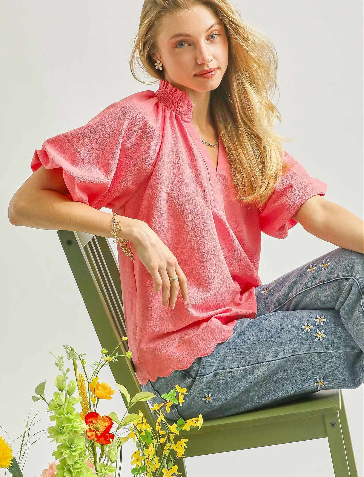 Umgee Textured Blouse Rose Scalloped Hem Short Puff Sleeve Casual Top