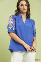 Umgee Blouse Floral Embroidered Sleeve V-Neck Ruffle Blue Short Sleeve Top