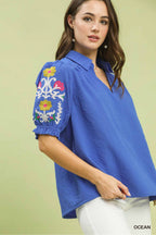 Umgee Blouse Floral Embroidered Sleeve V-Neck Ruffle Blue Short Sleeve Top