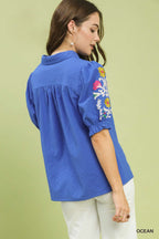 Umgee Blouse Floral Embroidered Sleeve V-Neck Ruffle Blue Short Sleeve Top