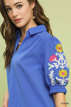 Umgee Blouse Floral Embroidered Sleeve V-Neck Ruffle Blue Short Sleeve Top