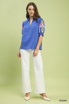 Umgee Blouse Floral Embroidered Sleeve V-Neck Ruffle Blue Short Sleeve Top