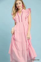Umgee USA Midi Dress Ruffle Textured V-Neck Trim Layered Pink Flutter Sleeve