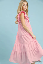 Umgee USA Midi Dress Ruffle Textured V-Neck Trim Layered Pink Flutter Sleeve