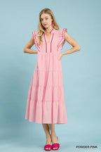 Umgee USA Midi Dress Ruffle Textured V-Neck Trim Layered Pink Flutter Sleeve
