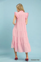 Umgee USA Midi Dress Ruffle Textured V-Neck Trim Layered Pink Flutter Sleeve