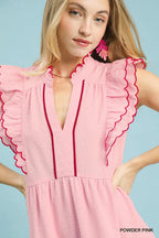 Umgee USA Midi Dress Ruffle Textured V-Neck Trim Layered Pink Flutter Sleeve