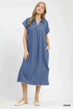 Umgee Denim Midi Dress V-Neck Collared Raw Hem Short Sleeve Shift Pocketed