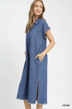 Umgee Denim Midi Dress V-Neck Collared Raw Hem Short Sleeve Shift Pocketed