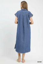 Umgee Denim Midi Dress V-Neck Collared Raw Hem Short Sleeve Shift Pocketed