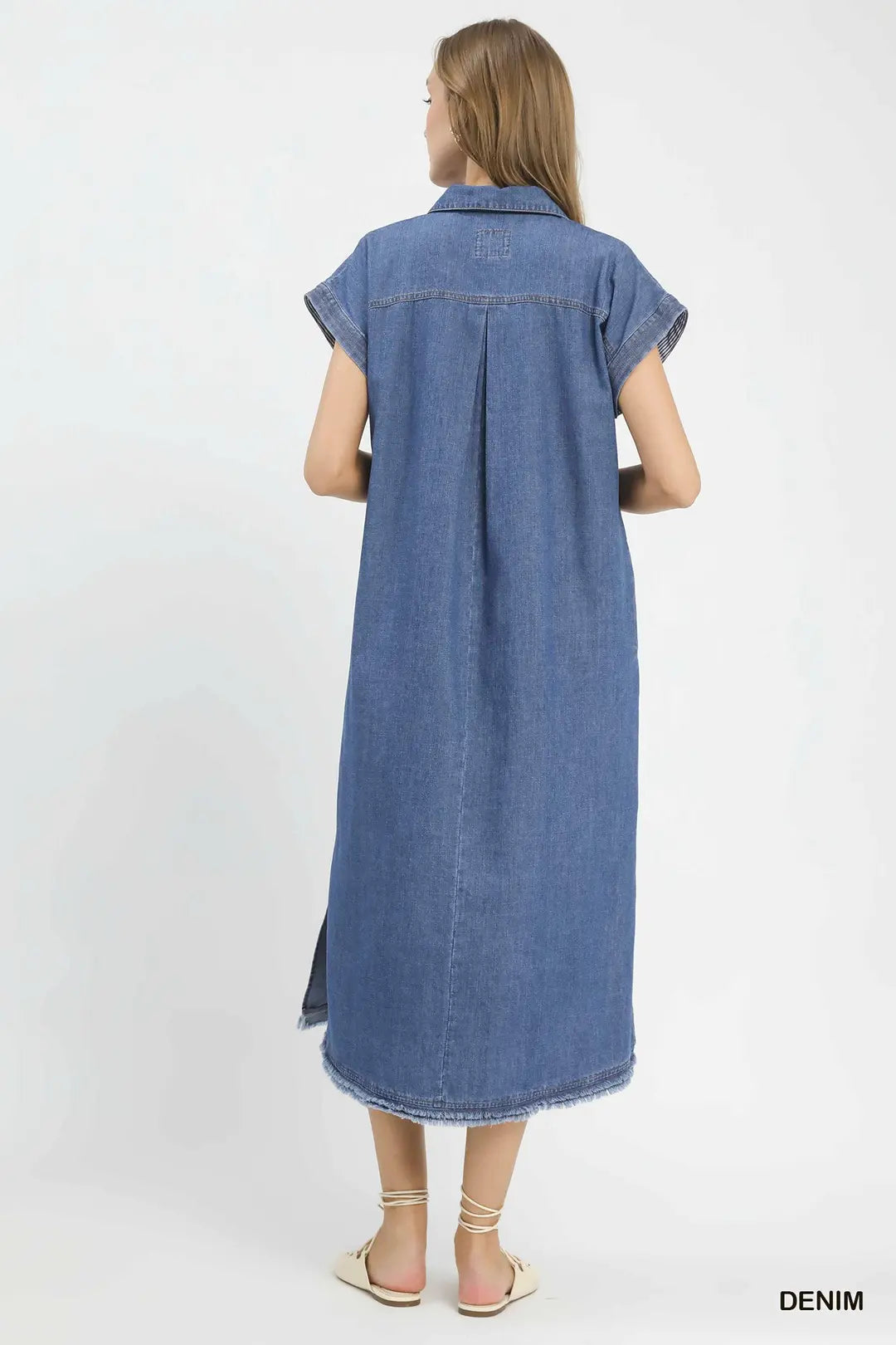 Umgee Denim Midi Dress V-Neck Collared Raw Hem Short Sleeve Shift Pocketed