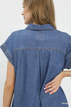 Umgee Denim Midi Dress V-Neck Collared Raw Hem Short Sleeve Shift Pocketed