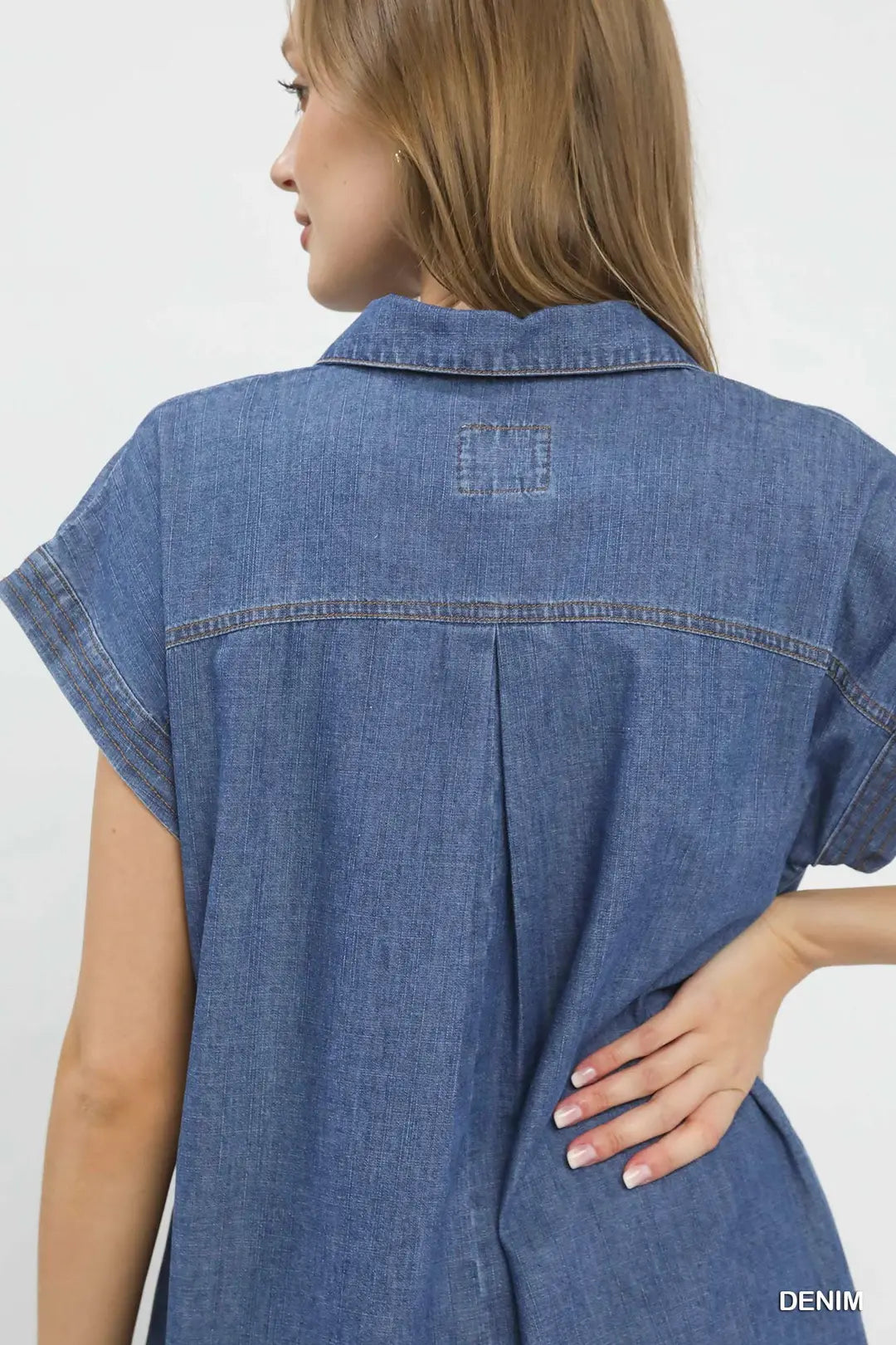 Umgee Denim Midi Dress V-Neck Collared Raw Hem Short Sleeve Shift Pocketed