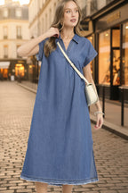 Umgee Denim Midi Dress V-Neck Collared Raw Hem Short Sleeve Shift Pocketed