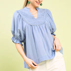 Umgee USA Smocked Yoke Casual Blouse with Ruffled Short Sleeves Fashion Peri Blue