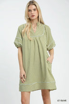 Umgee Striped Shift Mini Dress Cotton V-Neck Puff Sleeve Olive Green Pocketed
