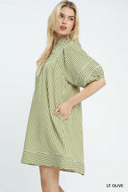 Umgee Striped Shift Mini Dress Cotton V-Neck Puff Sleeve Olive Green Pocketed