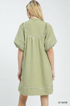 Umgee Striped Shift Mini Dress Cotton V-Neck Puff Sleeve Olive Green Pocketed