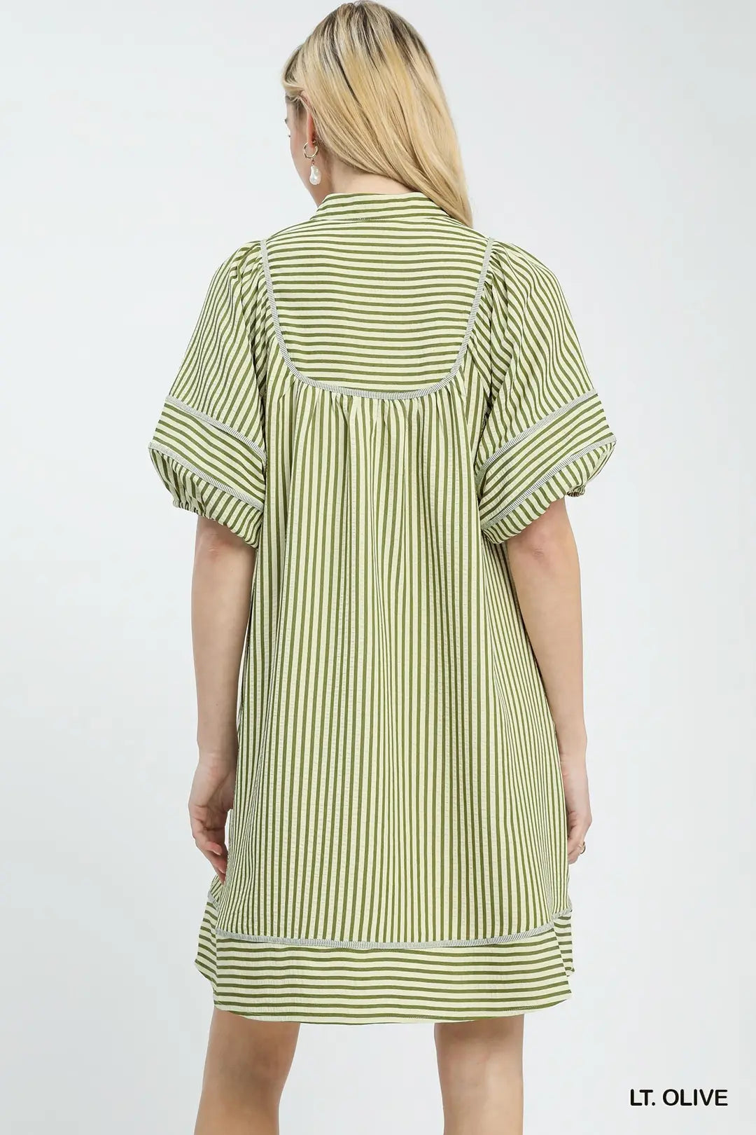 Umgee Striped Shift Mini Dress Cotton V-Neck Puff Sleeve Olive Green Pocketed