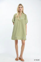 Umgee Striped Shift Mini Dress Cotton V-Neck Puff Sleeve Olive Green Pocketed