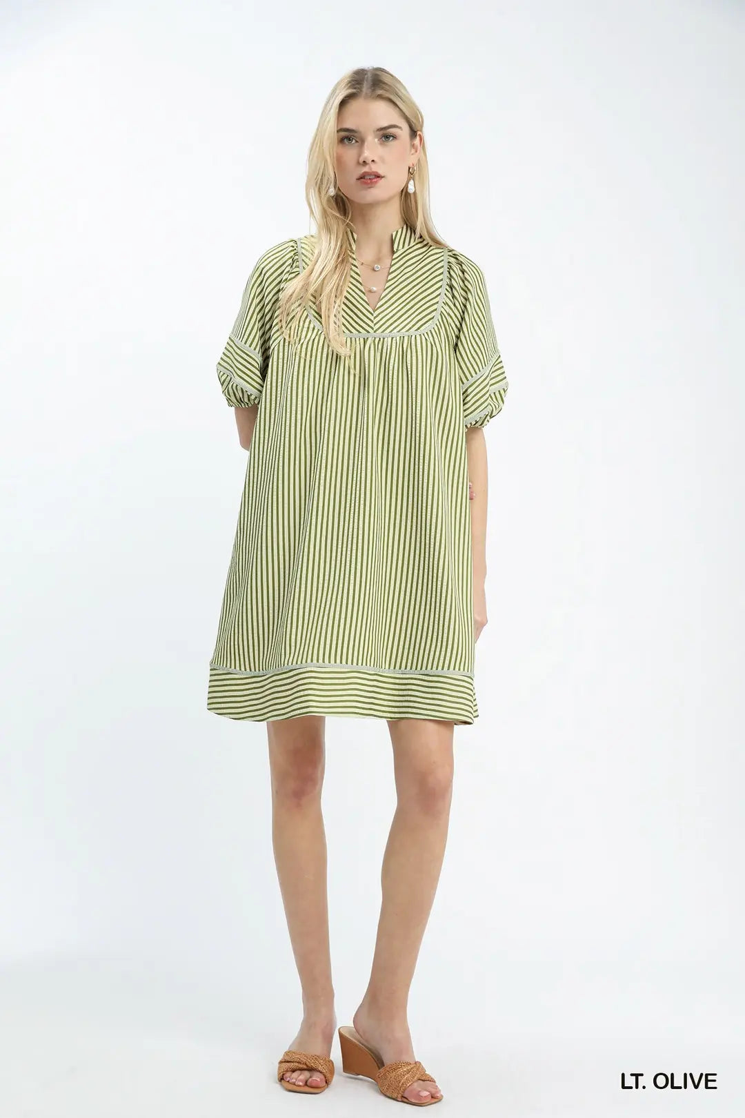Umgee Striped Shift Mini Dress Cotton V-Neck Puff Sleeve Olive Green Pocketed