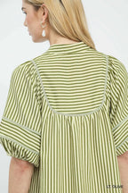 Umgee Striped Shift Mini Dress Cotton V-Neck Puff Sleeve Olive Green Pocketed