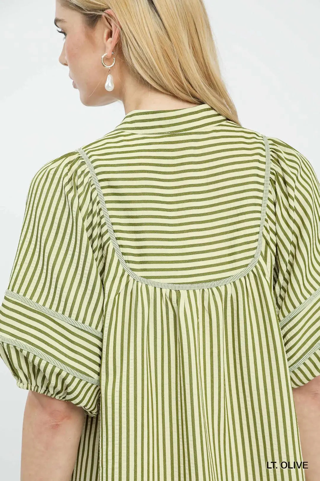 Umgee Striped Shift Mini Dress Cotton V-Neck Puff Sleeve Olive Green Pocketed