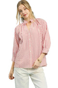 Umgee Striped Shirt Blouse Cotton V-Neck Button 3/4 Sleeve Casual Top Pink