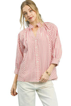 Umgee Striped Shirt Blouse Cotton V-Neck Button 3/4 Sleeve Casual Top Pink