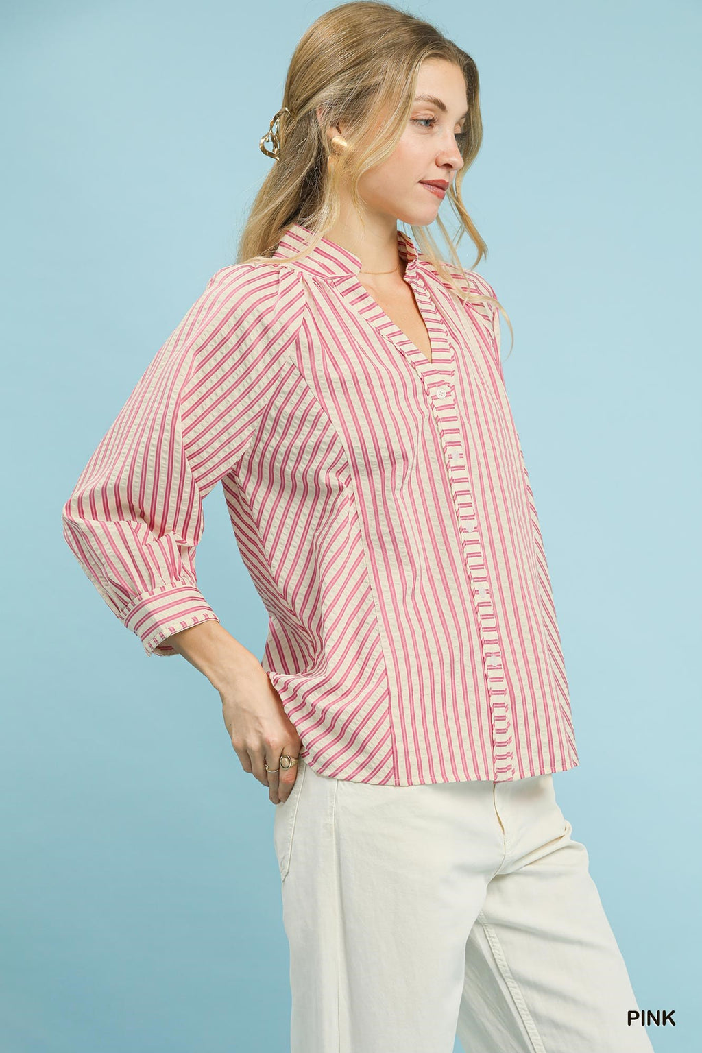 Umgee Striped Shirt Blouse Cotton V-Neck Button 3/4 Sleeve Casual Top Pink