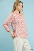Umgee Striped Shirt Blouse Cotton V-Neck Button 3/4 Sleeve Casual Top Pink