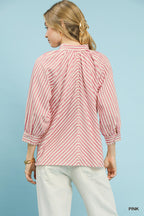 Umgee Striped Shirt Blouse Cotton V-Neck Button 3/4 Sleeve Casual Top Pink