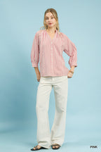 Umgee Striped Shirt Blouse Cotton V-Neck Button 3/4 Sleeve Casual Top Pink