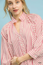 Umgee Striped Shirt Blouse Cotton V-Neck Button 3/4 Sleeve Casual Top Pink