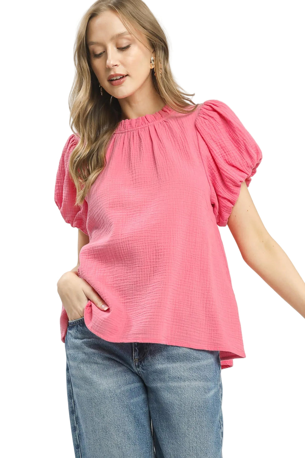 Umgee Casual Blouse Pink Textured Cotton Gauze Ruffle Mock Neck Top