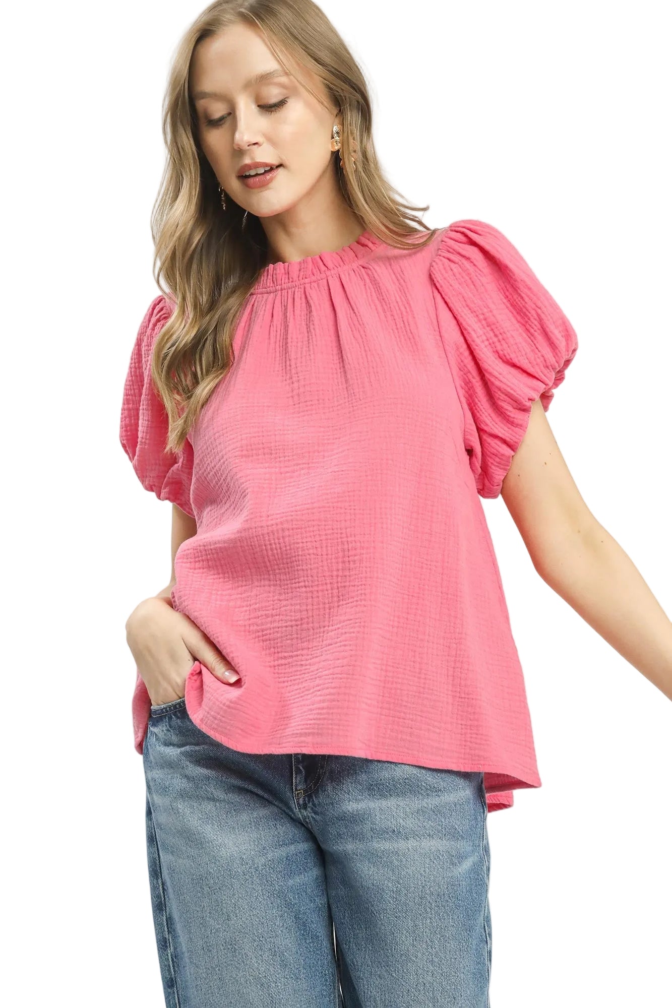 Umgee Casual Blouse Pink Textured Cotton Gauze Ruffle Mock Neck Top