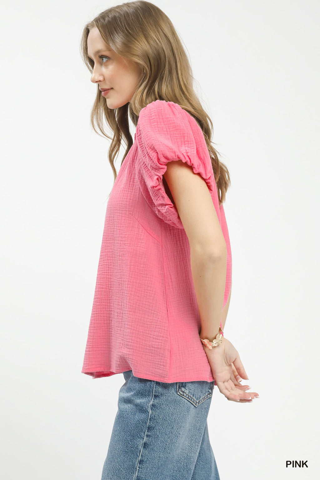 Umgee Casual Blouse Pink Textured Cotton Gauze Ruffle Mock Neck Top