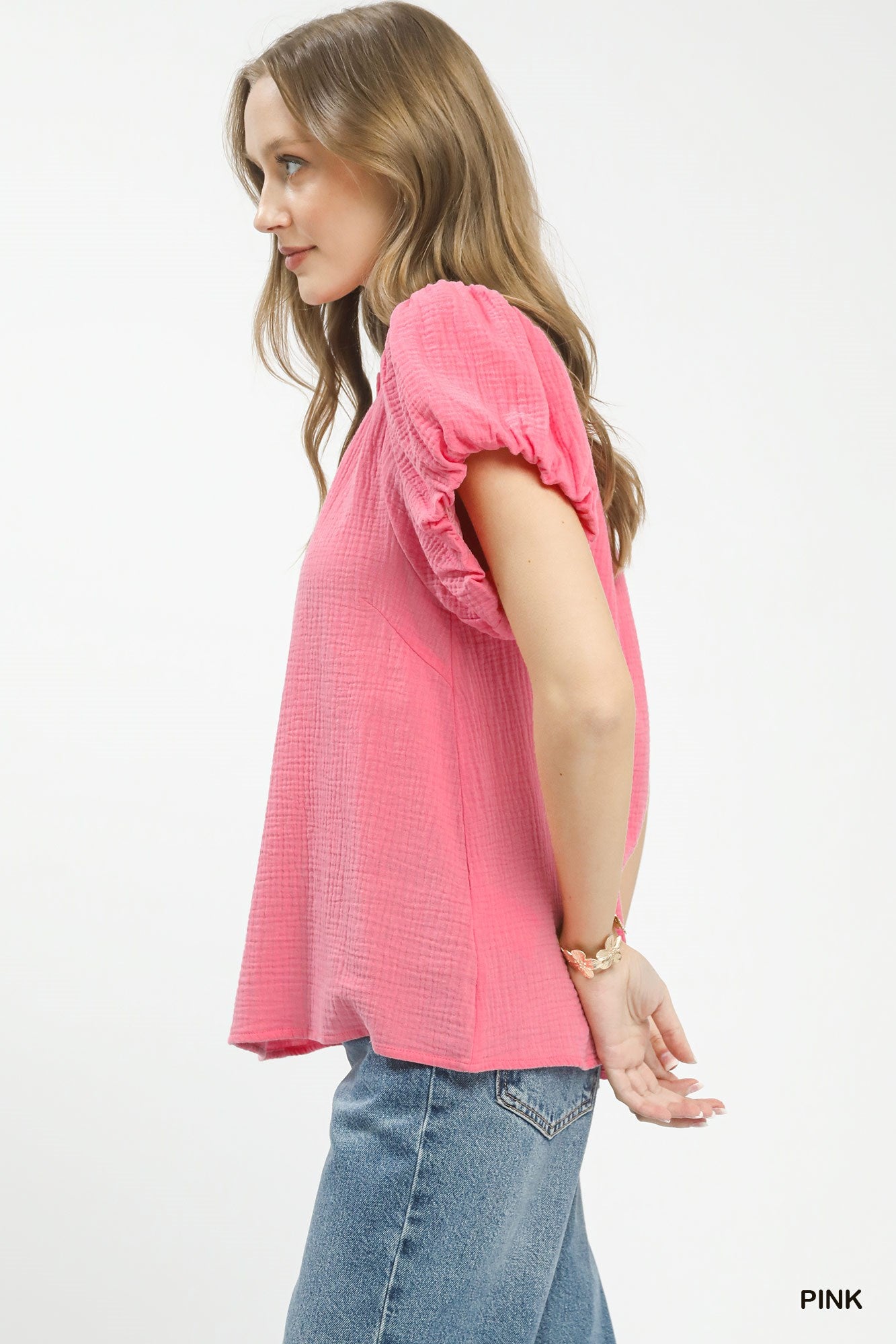 Umgee Casual Blouse Pink Textured Cotton Gauze Ruffle Mock Neck Top