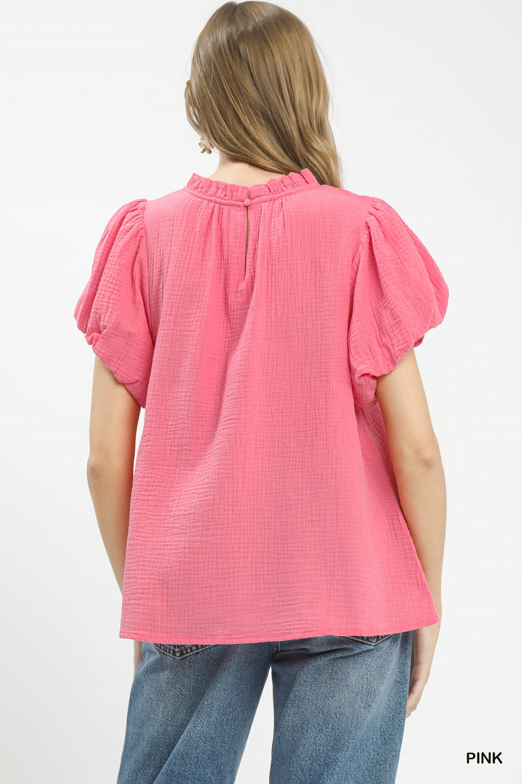 Umgee Casual Blouse Pink Textured Cotton Gauze Ruffle Mock Neck Top
